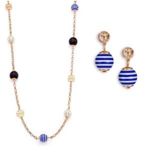 TORY BURCH • Saher Logo Striped Necklace Earrings Set